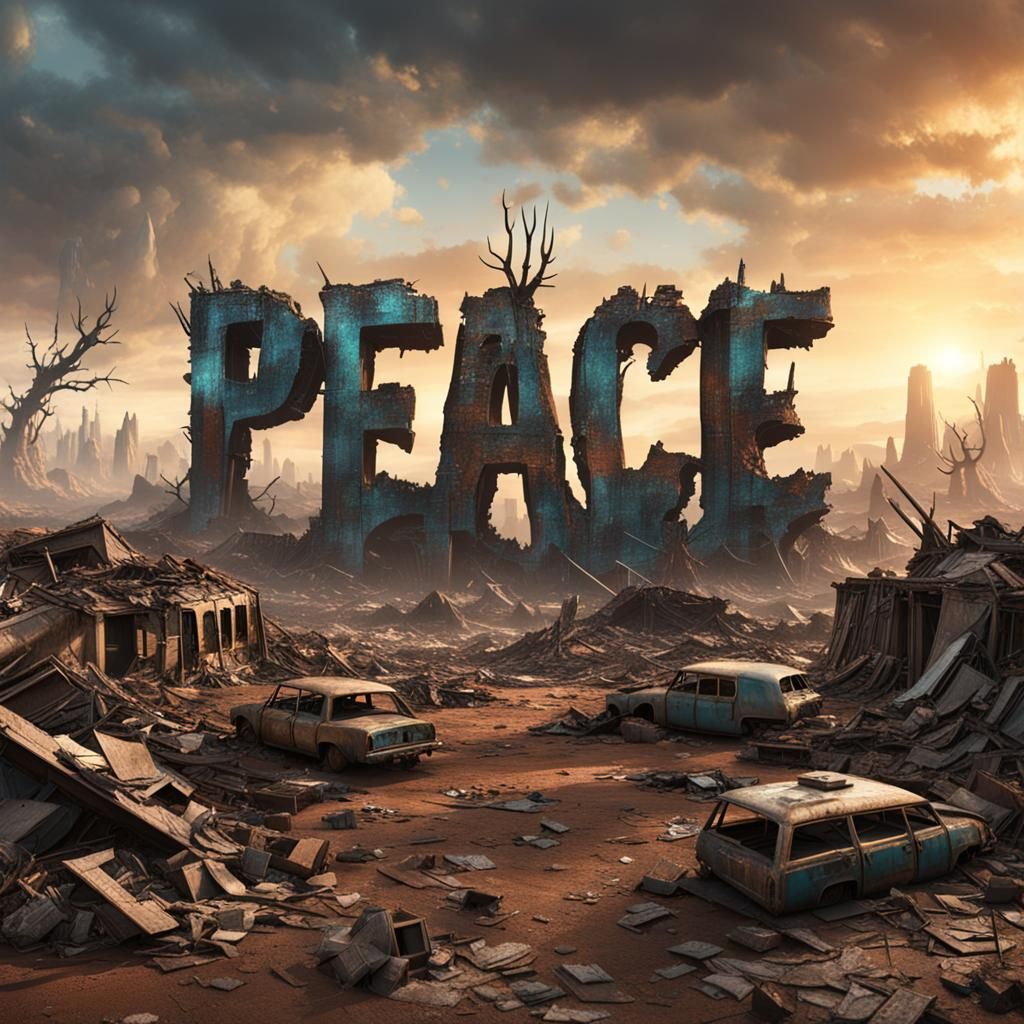 3 dimensional letters/words spelling out "peace in the world" in a scene of complete and total devastation, ...  by @Feathana