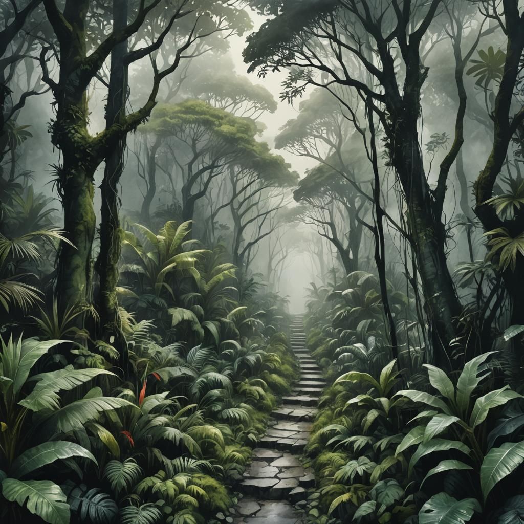 dark green and grey watercolor of a narrow pathway through a mysterious South American jungle, gothic ...  by @ericB