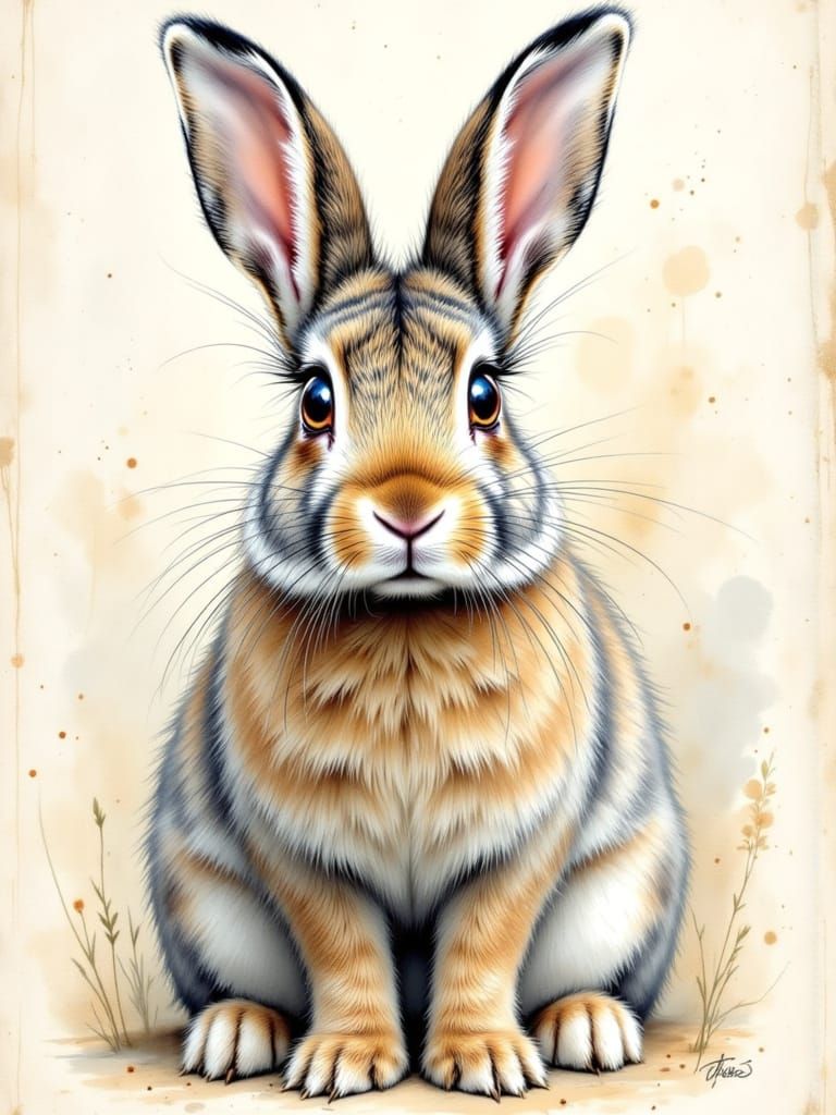 <lora:HRH-pawtraits:1.0> Aged canvas a beautiful fluffy, long hard rabbit kit the fur is rendered in loose detailed strokes to add detail an...