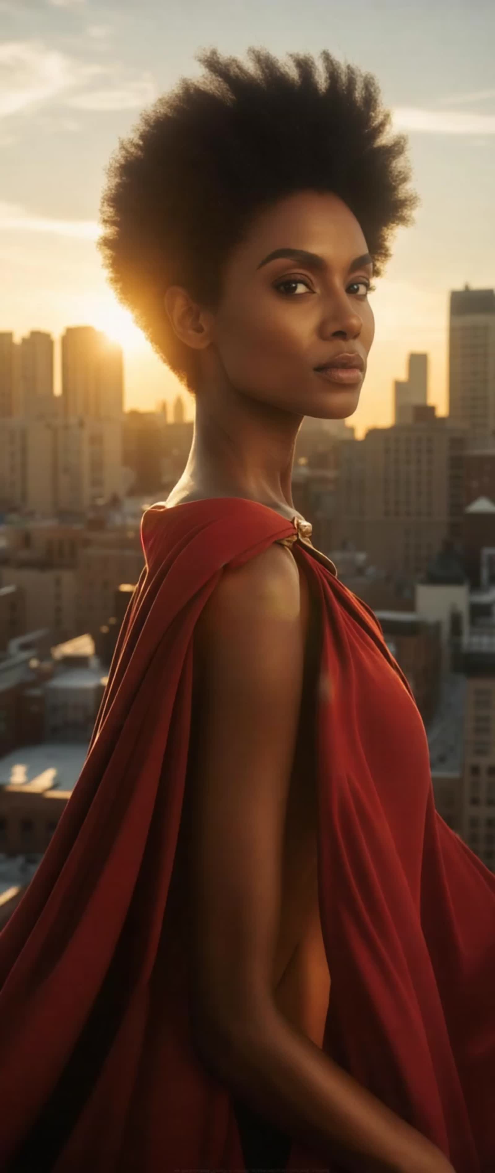 A powerful African American woman standing on a city rooftop at sunrise, wearing a flowing cape or duster that moves wit...