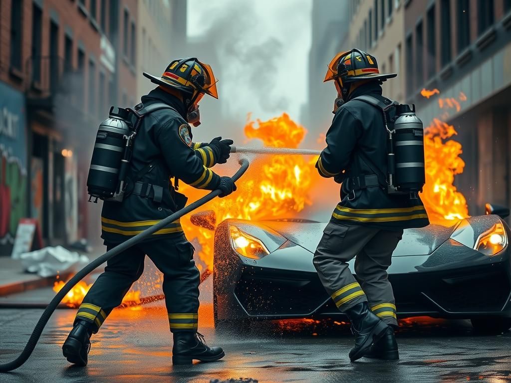 Two fierce woman firefighter, using a fire mask fighting side by side in a  car engulfed by flames on a caothic urban chicago background