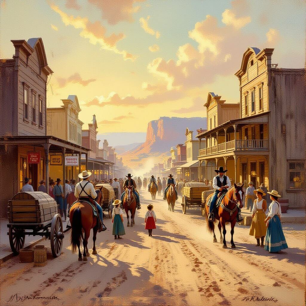 Lively Western frontier cityscape in the cowboy era