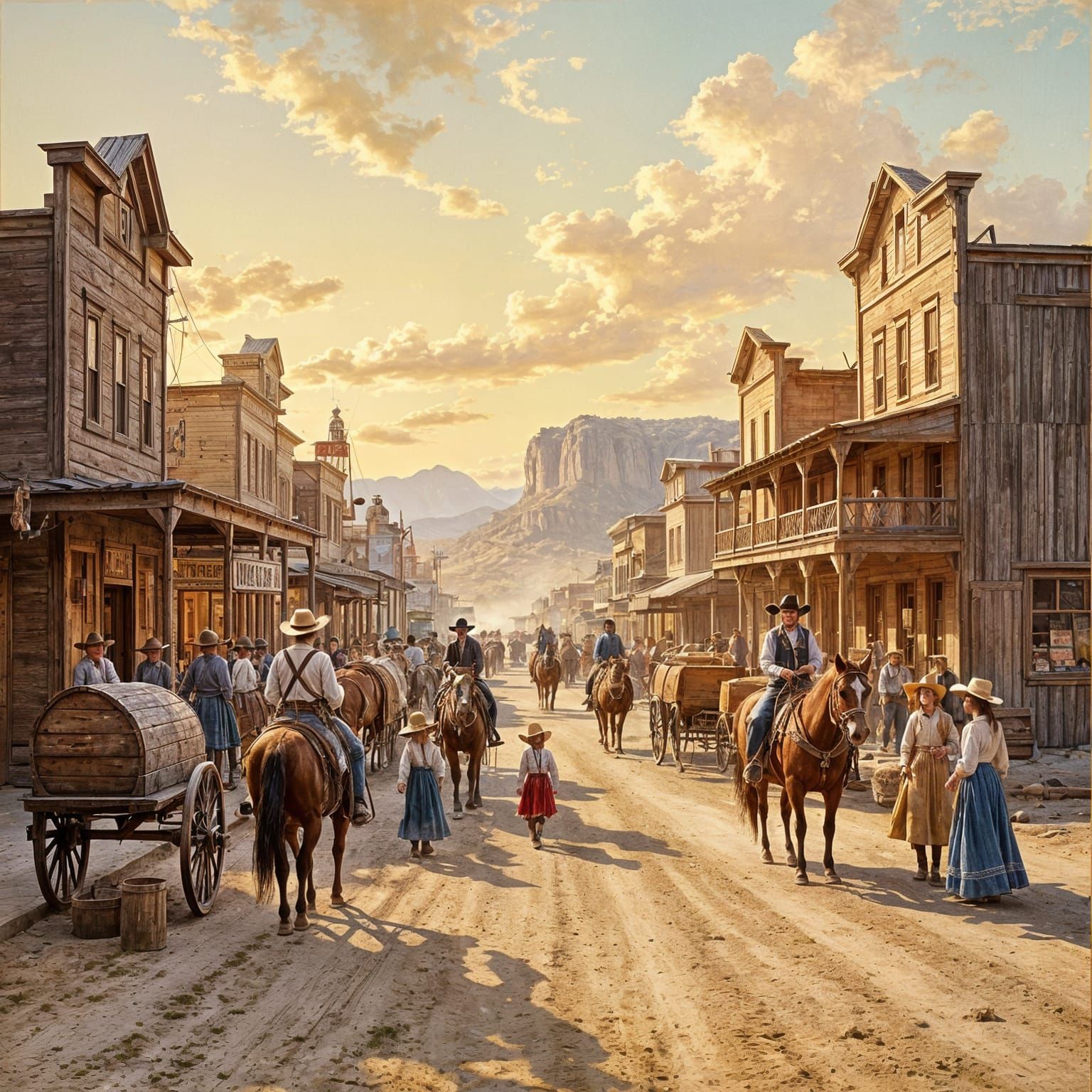 Lively Western frontier cityscape in the cowboy era  by @theArchairez