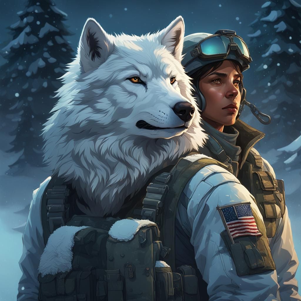 a large white wolf. And a Latina US Marine dressed in camouf...