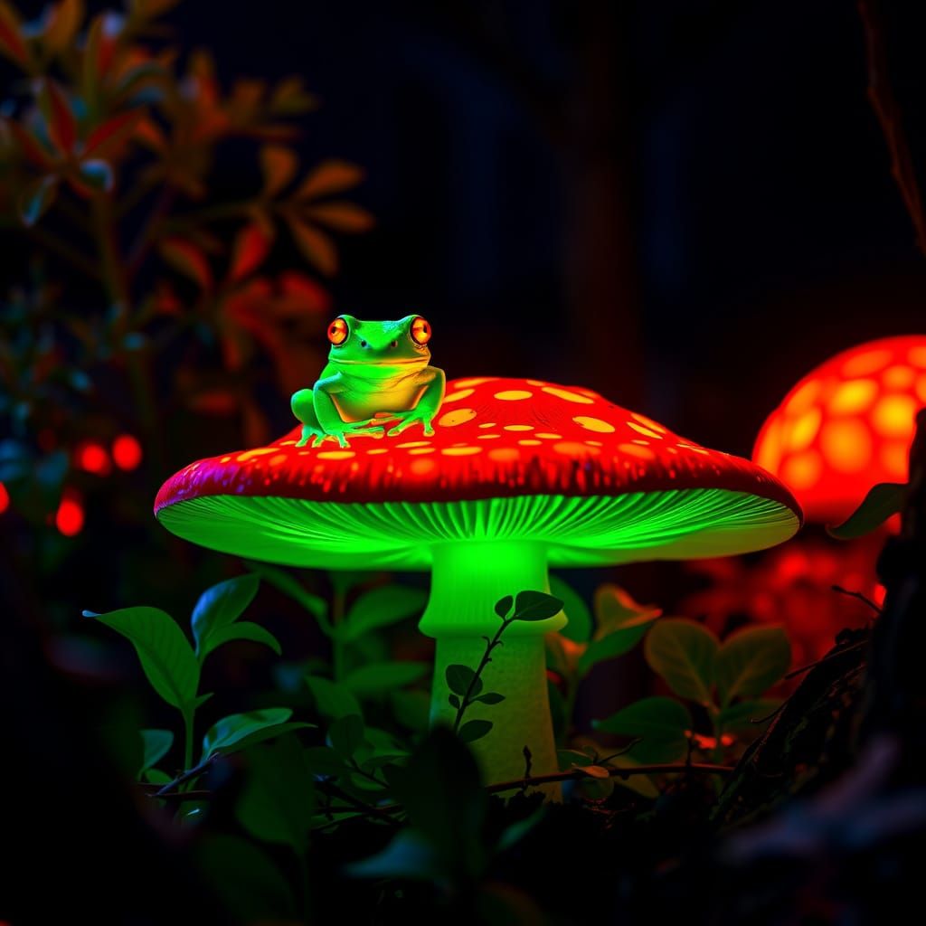 Neon Shrooms and the Frog  by @AdvanceBegginerAIGenerator
