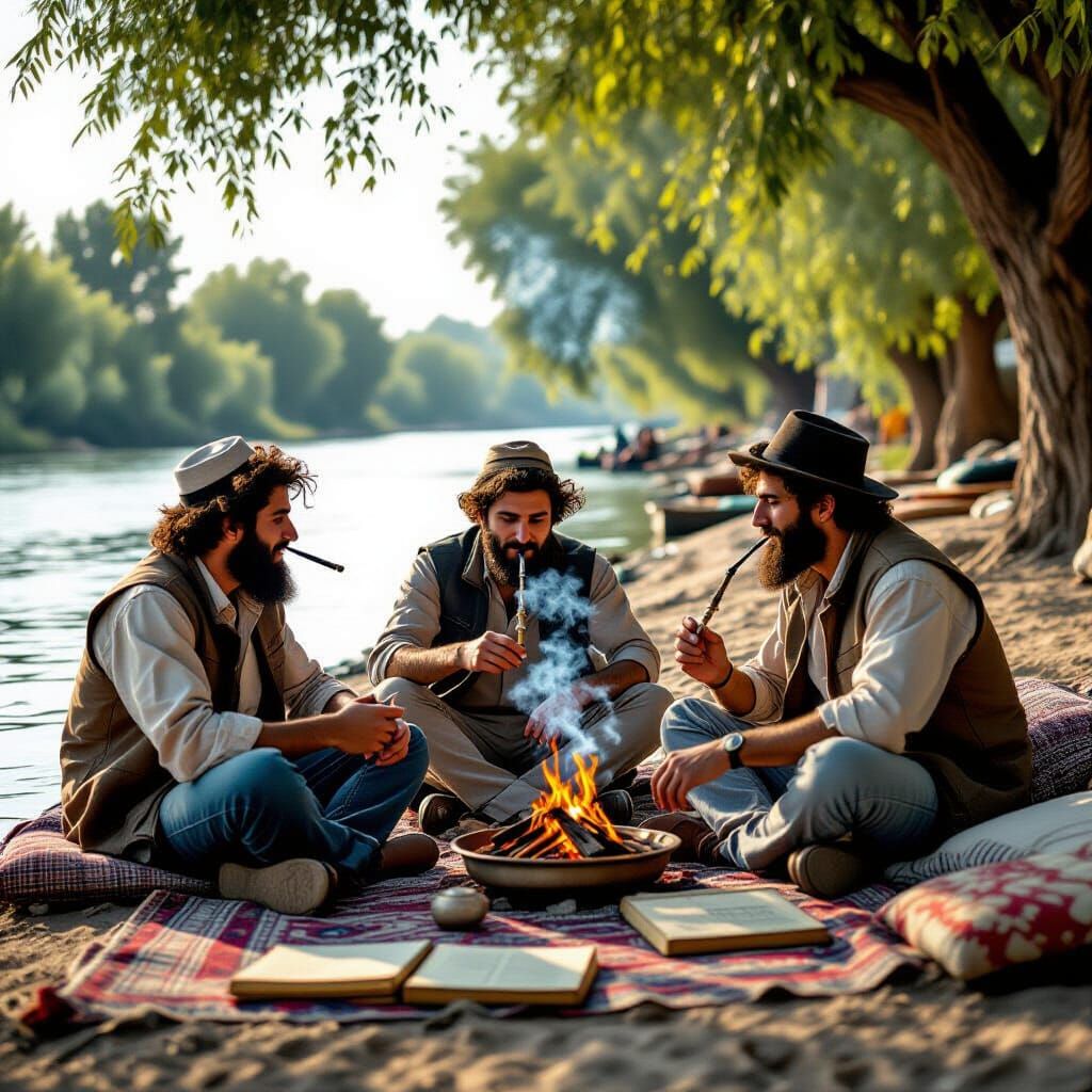 Men Relaxing by the River in Photorealistic Style