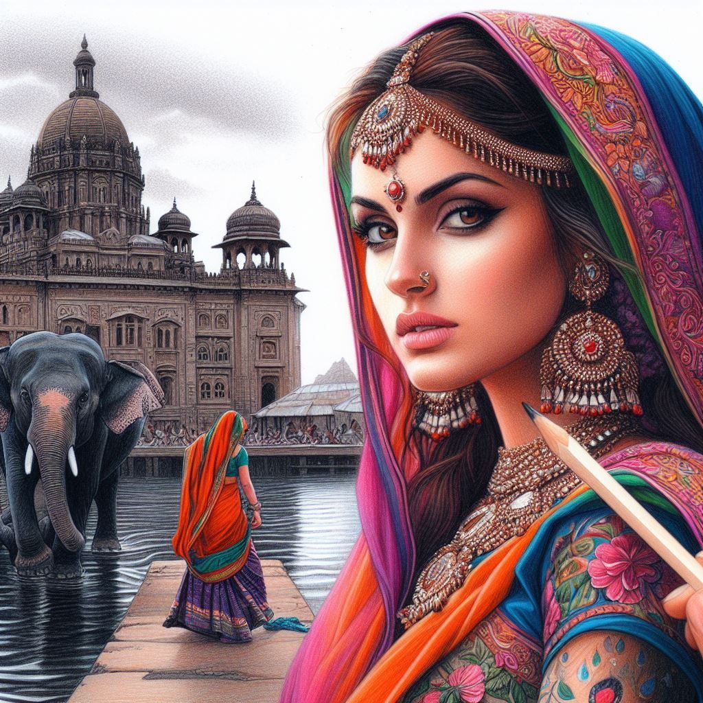 Stunning semi-finished Color Pencil Sketch portrait beautiful Indian Woman