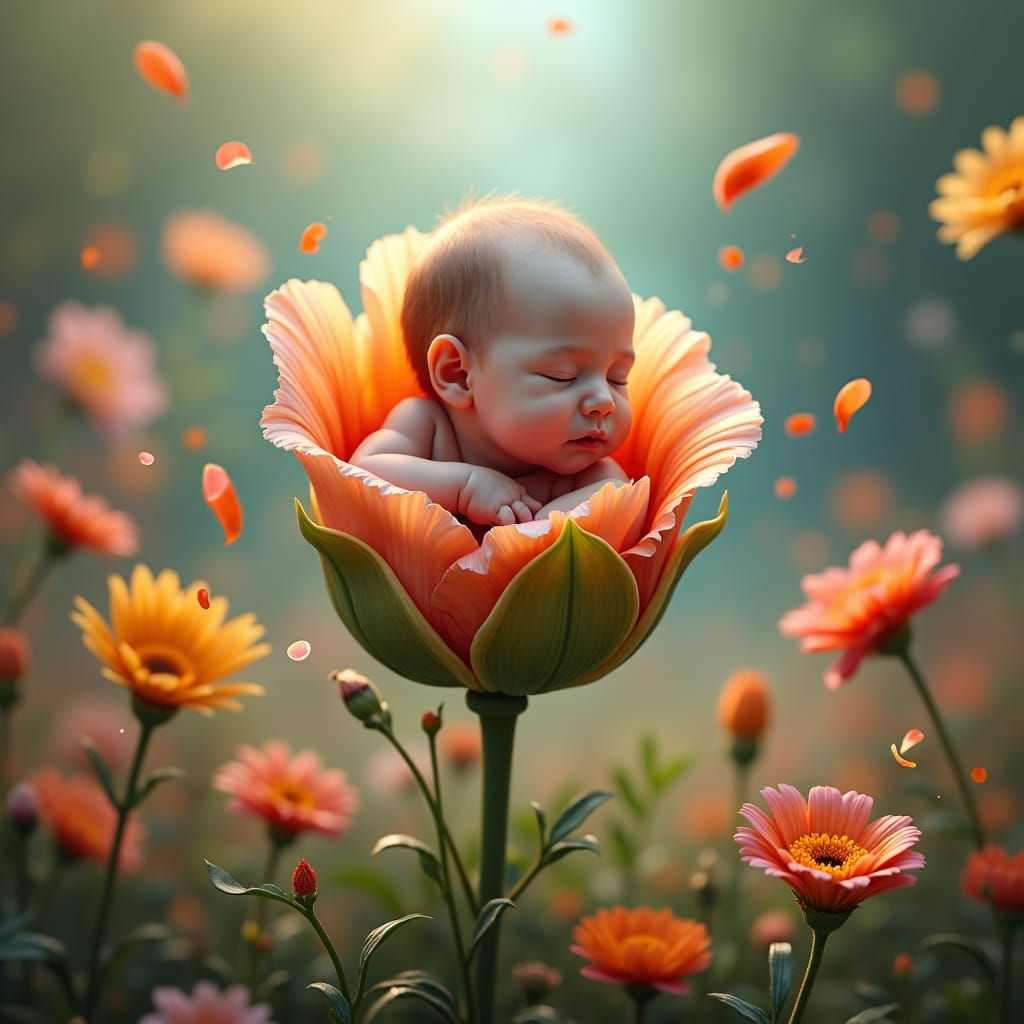 One day human baby coming out of bud in a garden with full of flowers and Flowers are playing 