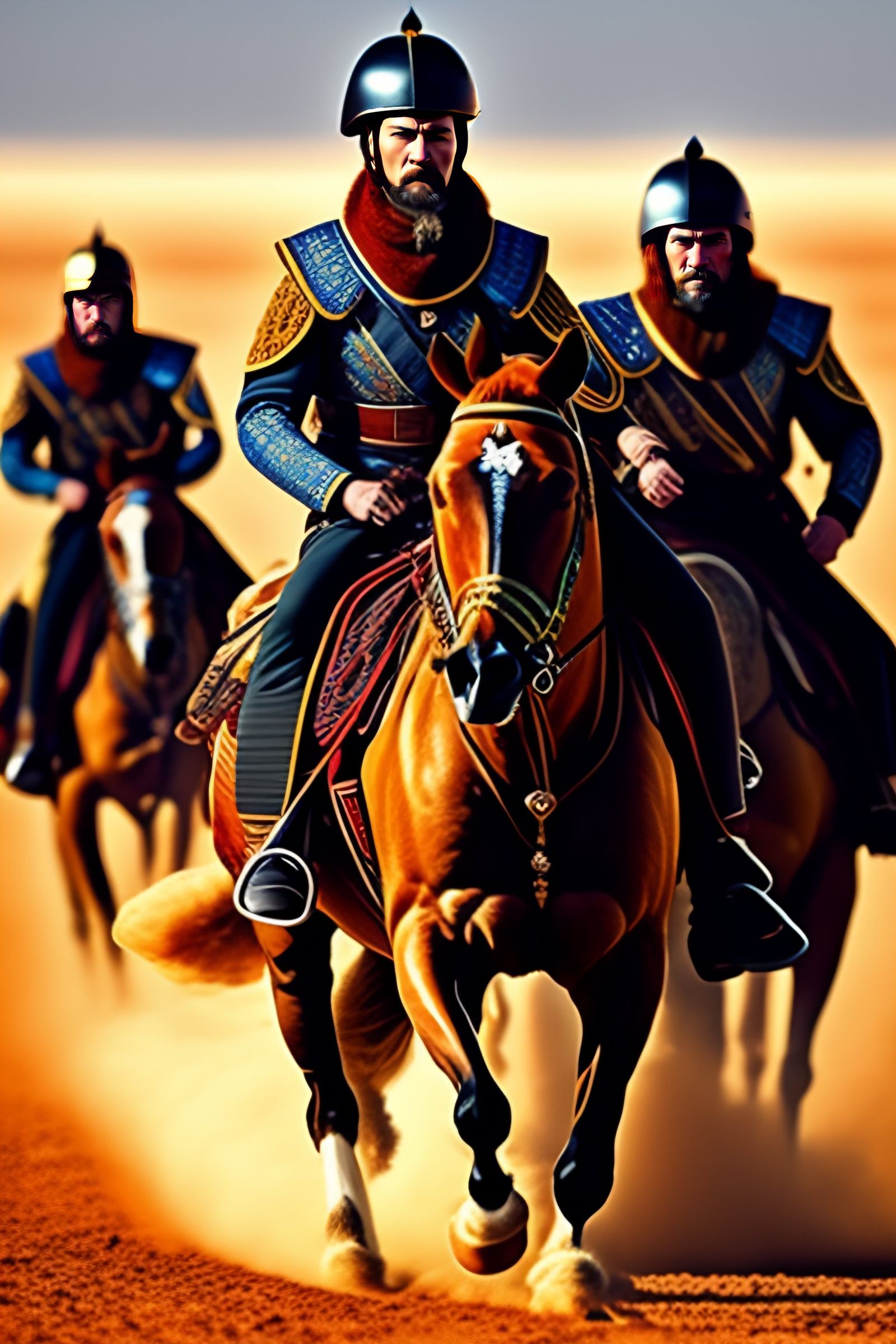 Ukrainian cossacks with laser weapon riding in steppe