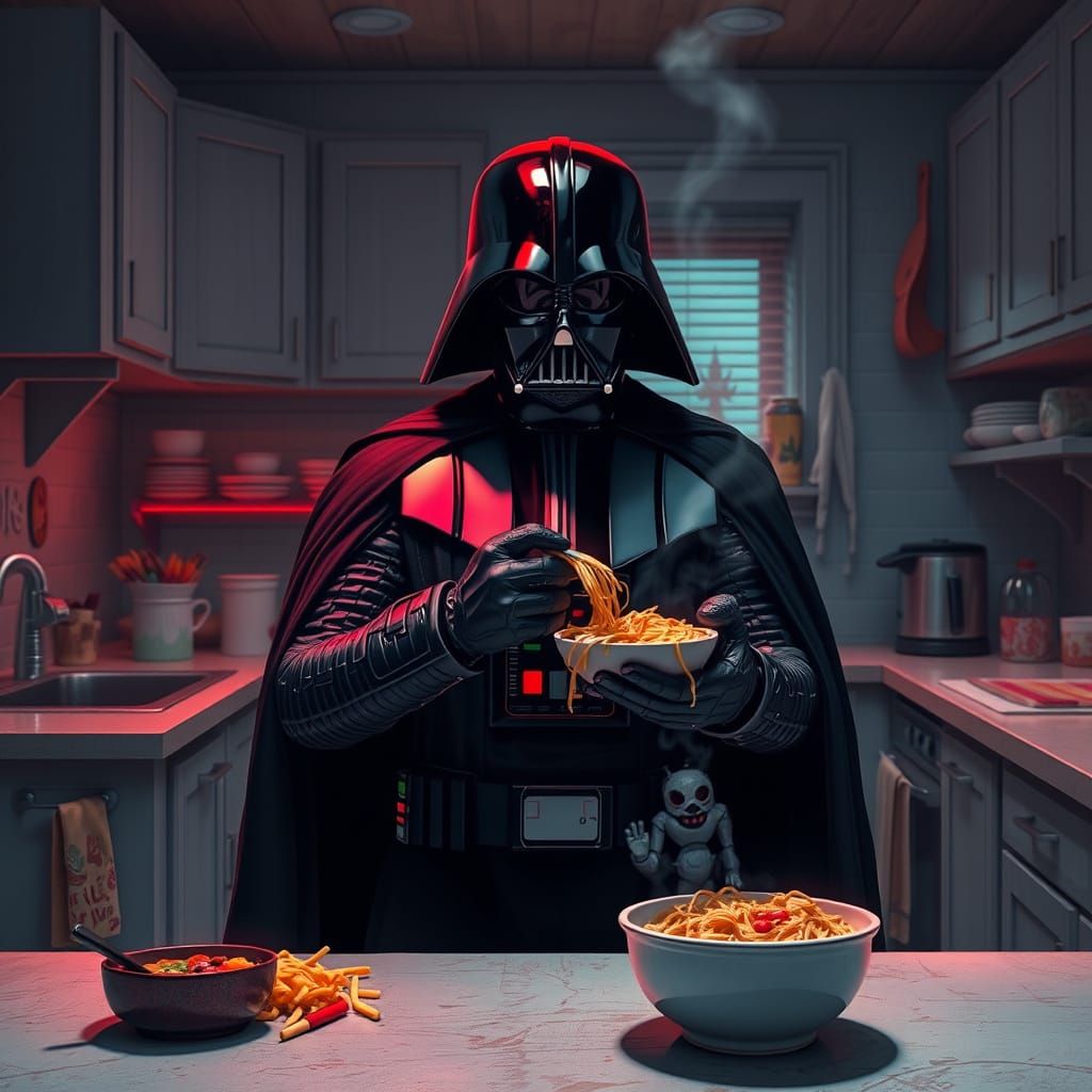 Create a surreal artwork featuring Darth Vader in a whimsical kitchen, intensely focused on cooking instant noodles. The scene blends reali...
