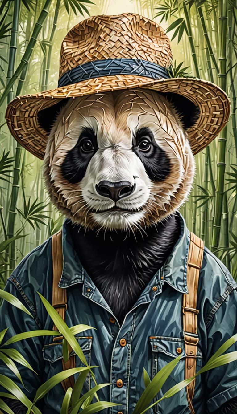 Closeup portrait Panda wearing a straw hat and overalls back...