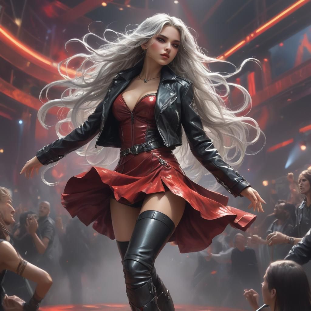 A girl with long silver wavy hair...... in a blood red cockt...
