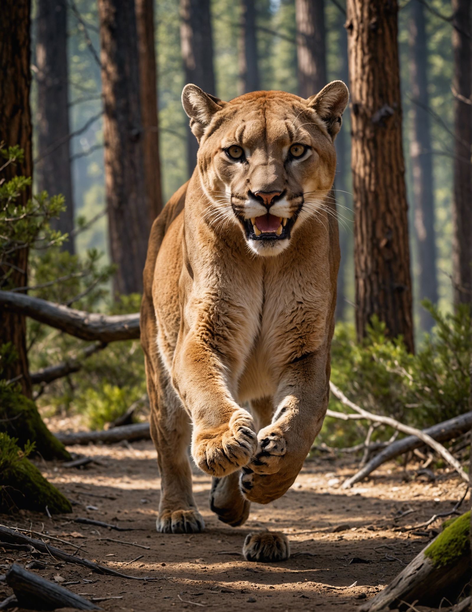 photo of a mountain lion running, Yosemite blurred landscape...