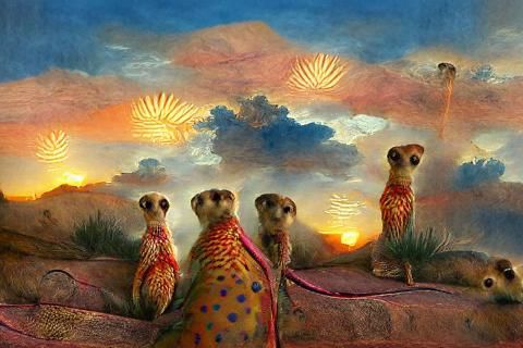 circus meerkats staring at a resplendent sunset mannerism be...