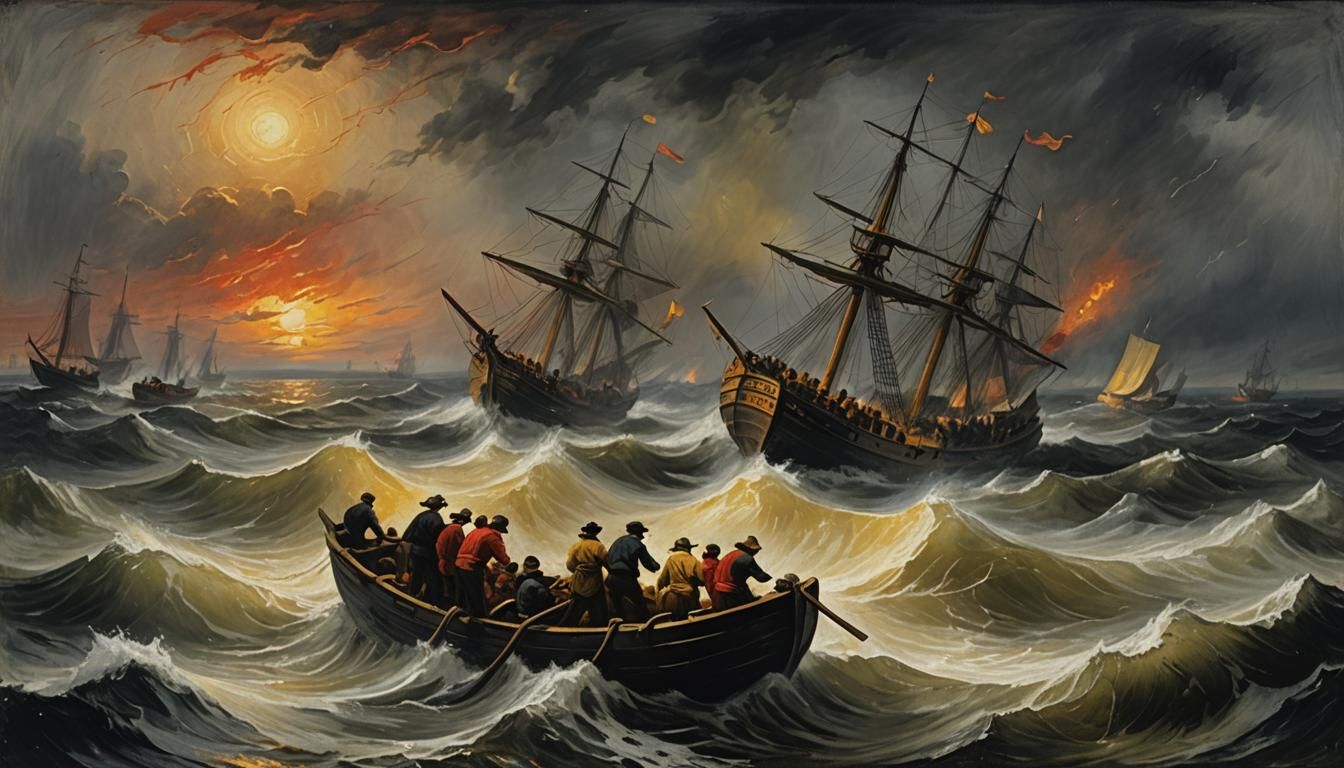 Sinking at night in rough seas. A tire (red and yellow: 1.3)...