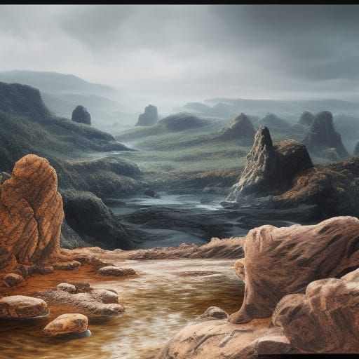 A hyperrealistic photographic landscape of a rocky landscape...
