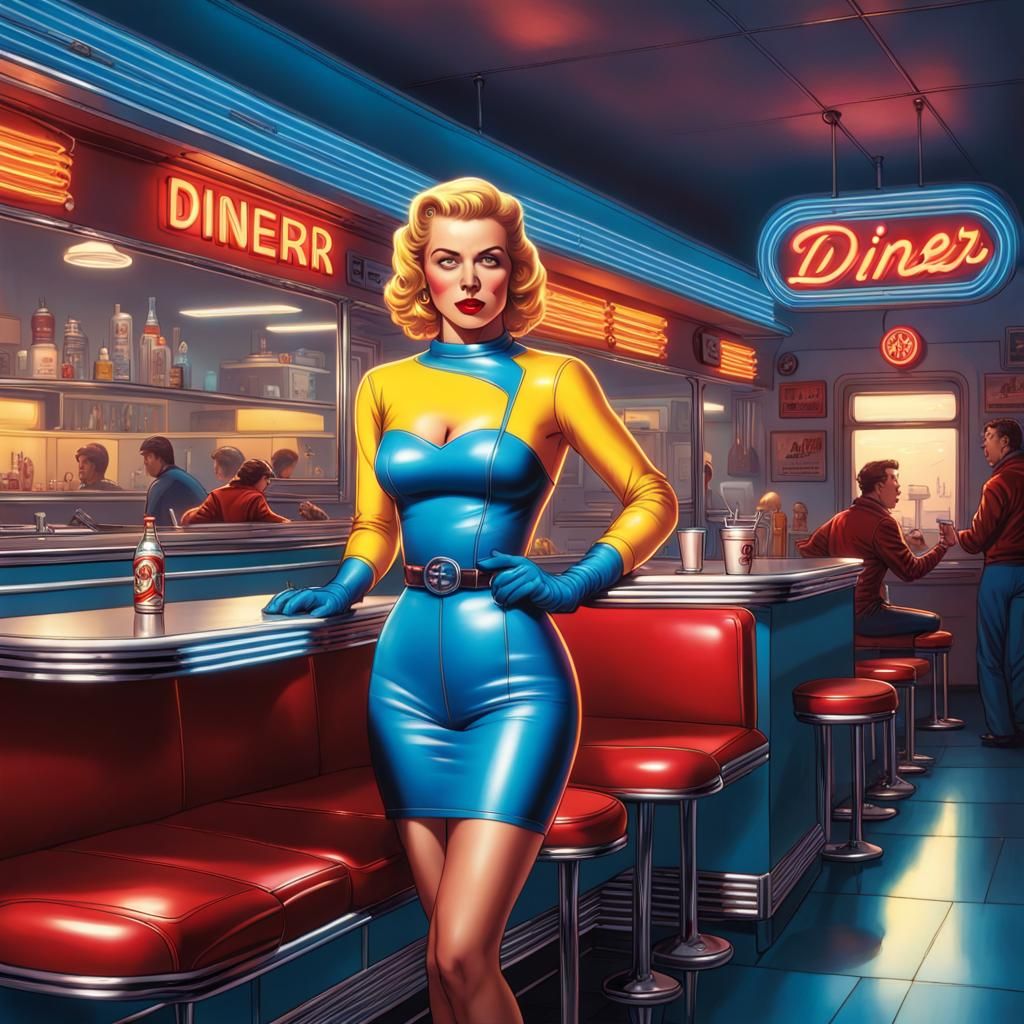 1950s Diner Girl with Neon Sodas, Photorealistic Comic Art