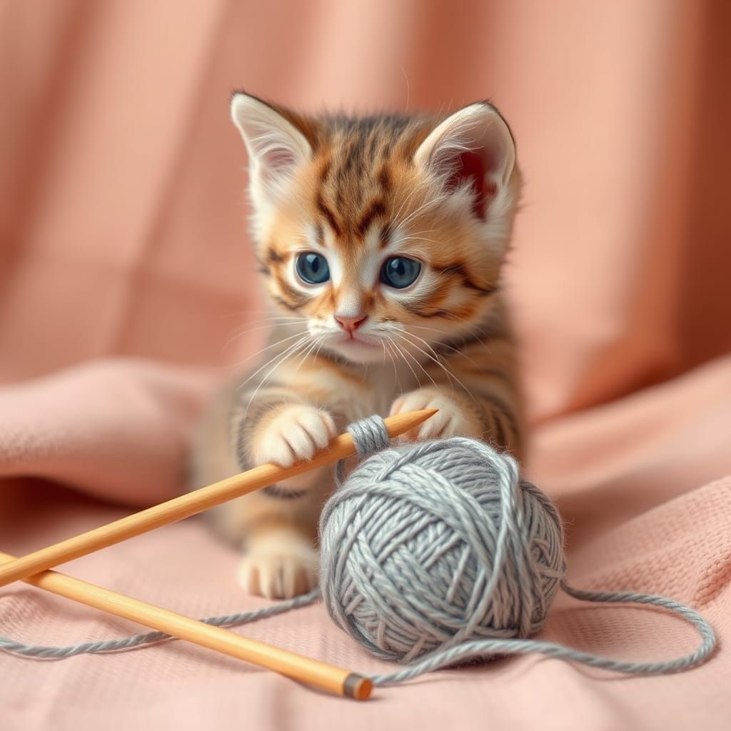A knitting needle, a ball of yarn, a kitten AI Generated Artwork