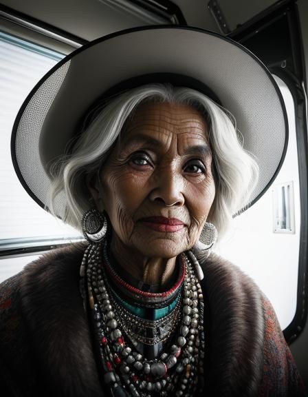 grandmother sitting inside her Airstream trailer,