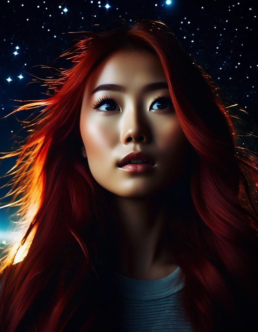 長い赤い髪と緑の目をしたとても美しい日本の女の子が星空を見上げています