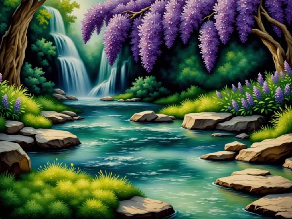 beautiful river in the middle of lilac flower feeld/ gorgeous  <lora:LilaCraft:1.0> lilac, handmade water colors