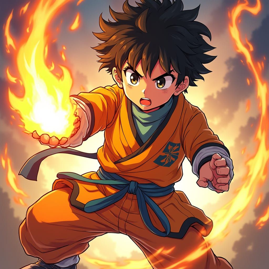 Anime Boy Warrior with Flame Power in Manga Style