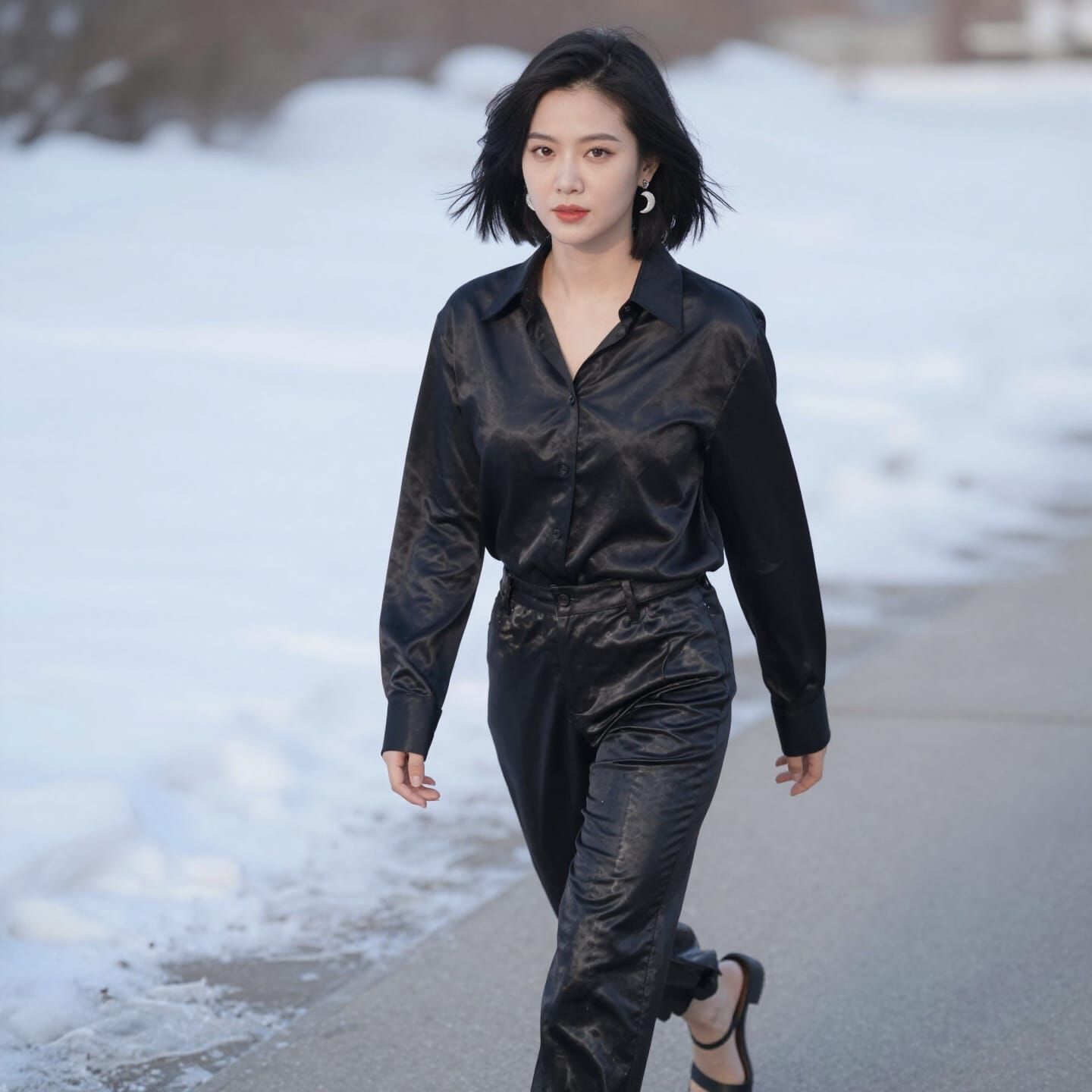 Thai Woman in Silk Amidst Winter Landscape