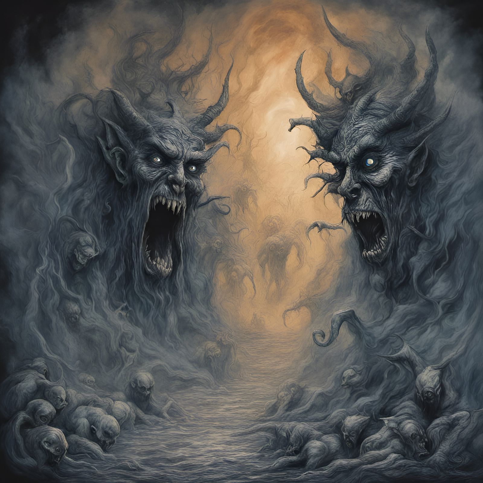 Scary demon figures in the fog, terror, fear in hell at the gates of ...