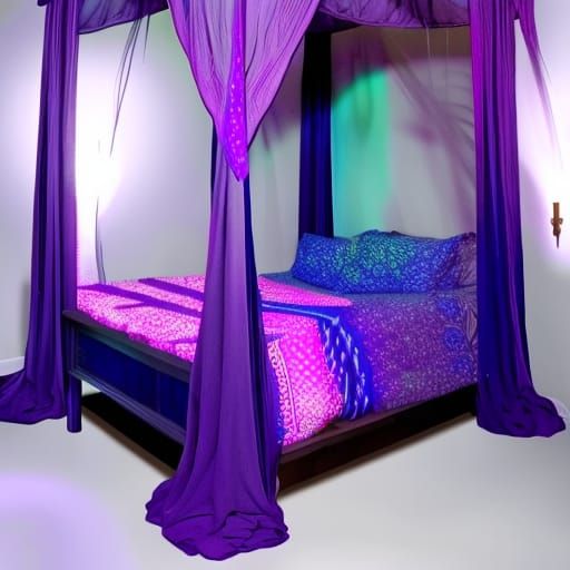 Ethereal purple gothic canopy bed with purple blanket& cobalt blue