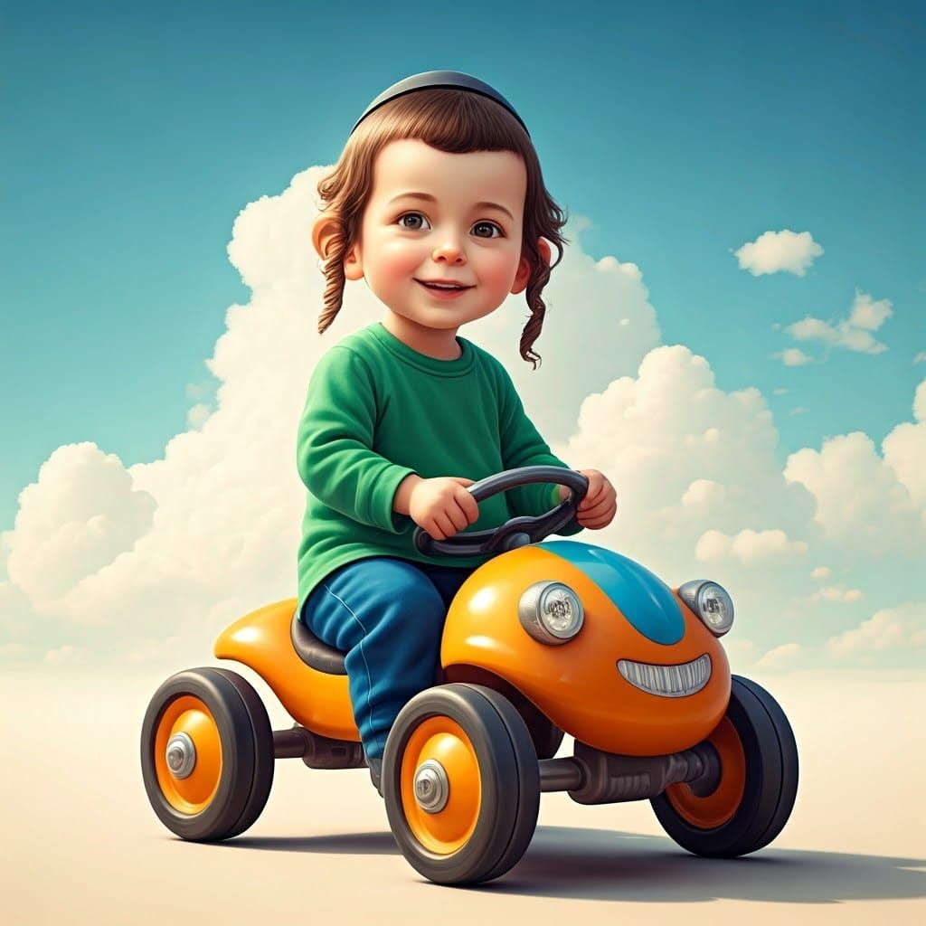 Cute Ultra-Orthodox Boy Rides Colorful Vintage Car in Dreaml...