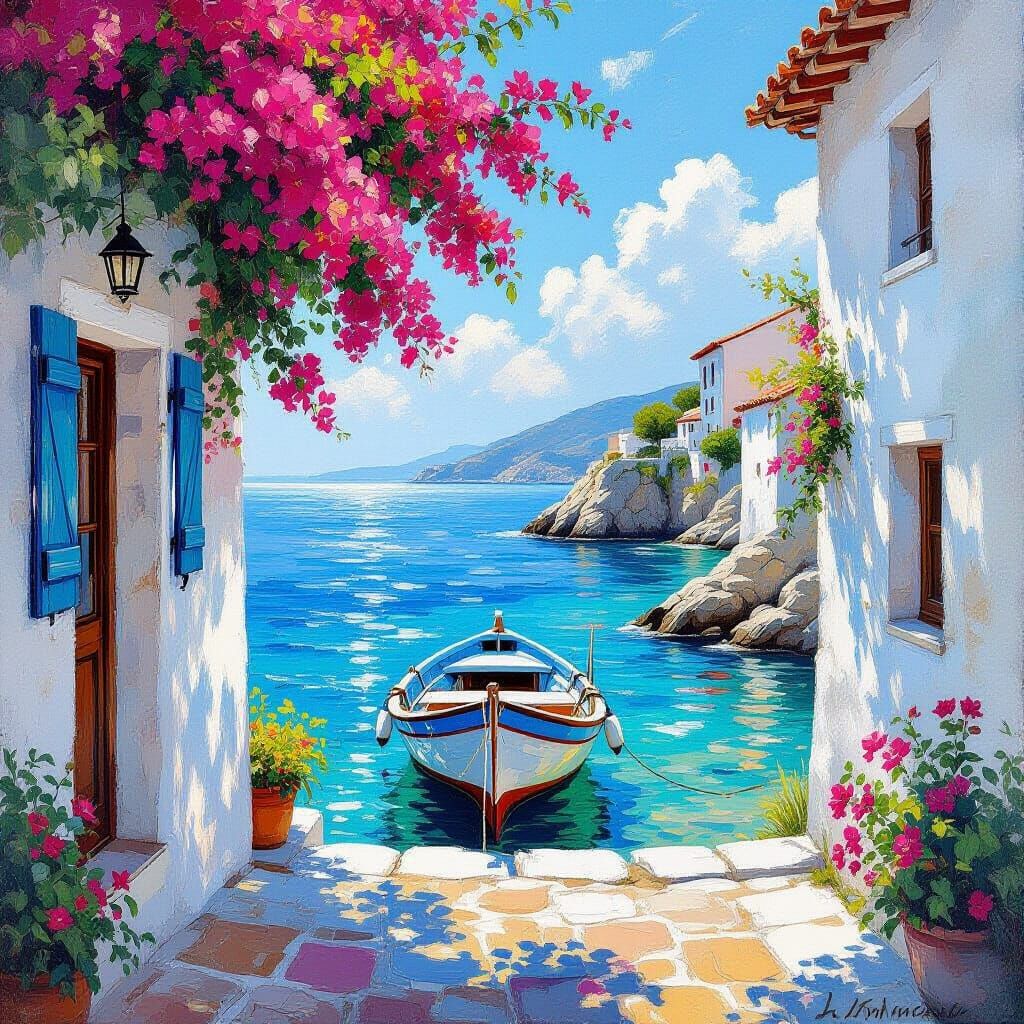 A sun-drenched terrace overlooking a sparkling Mediterranean sea, with vibrant bougainvillea cascading over whitewashed walls. A weathered w...