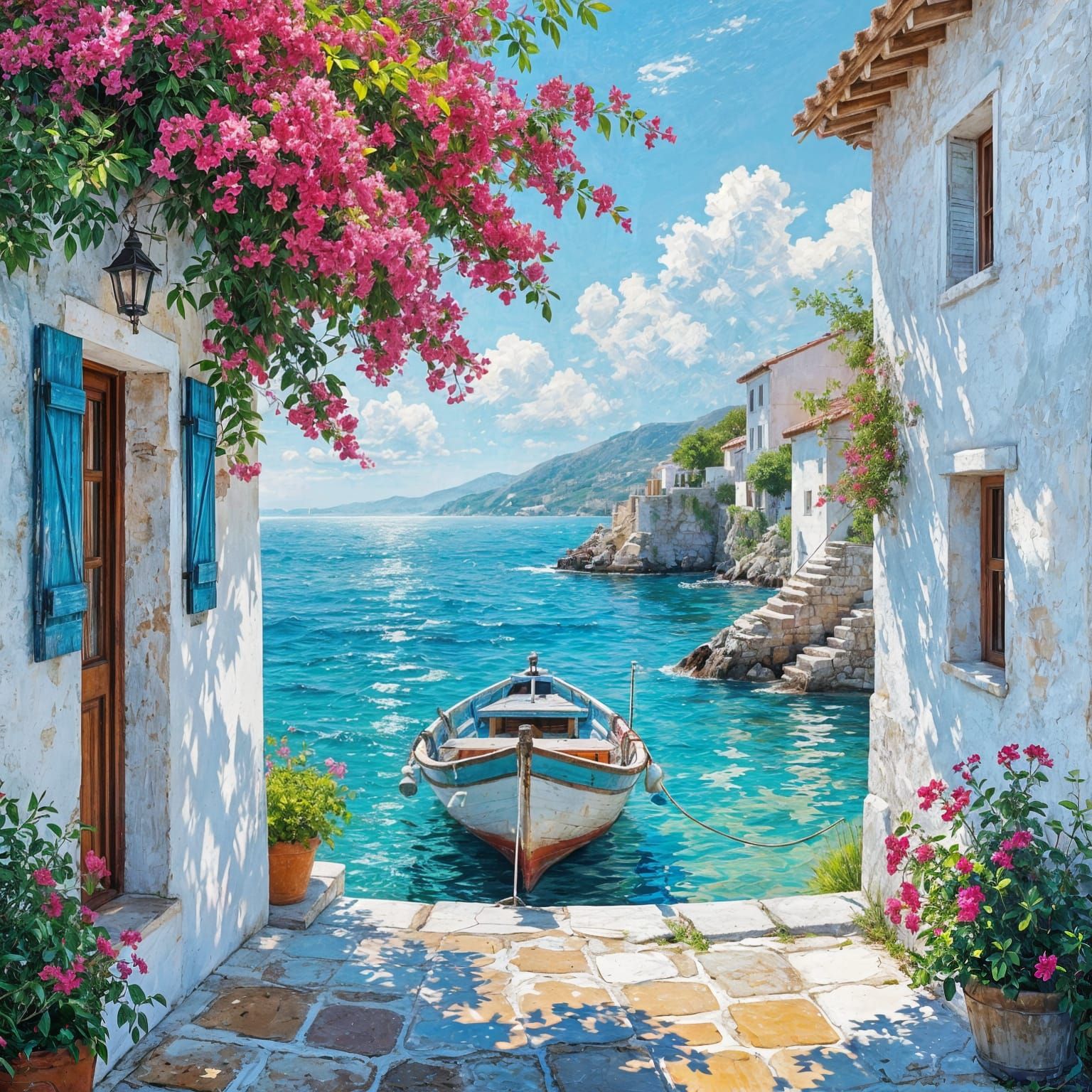 A sun-drenched terrace overlooking a sparkling Mediterranean sea, with vibrant bougainvillea cascading ...  by @H