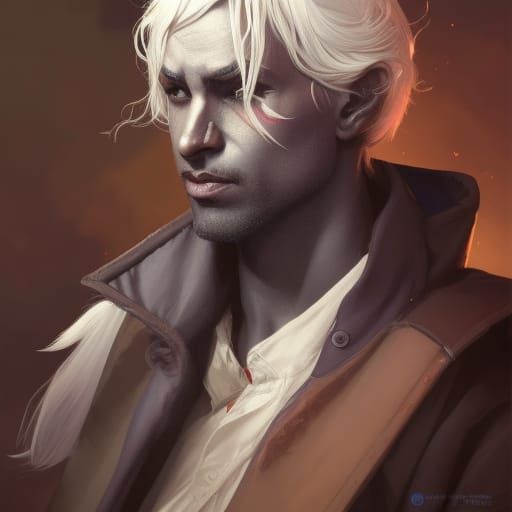 male Drow bard with dark brown skin, white hair and amber colored eyes