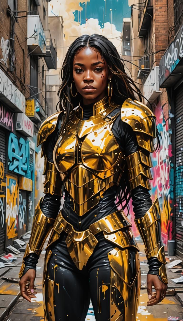 Black woman, straight hair, with golden armor, in the middle...