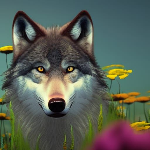 Cute wolf portrait surrounded by flowers