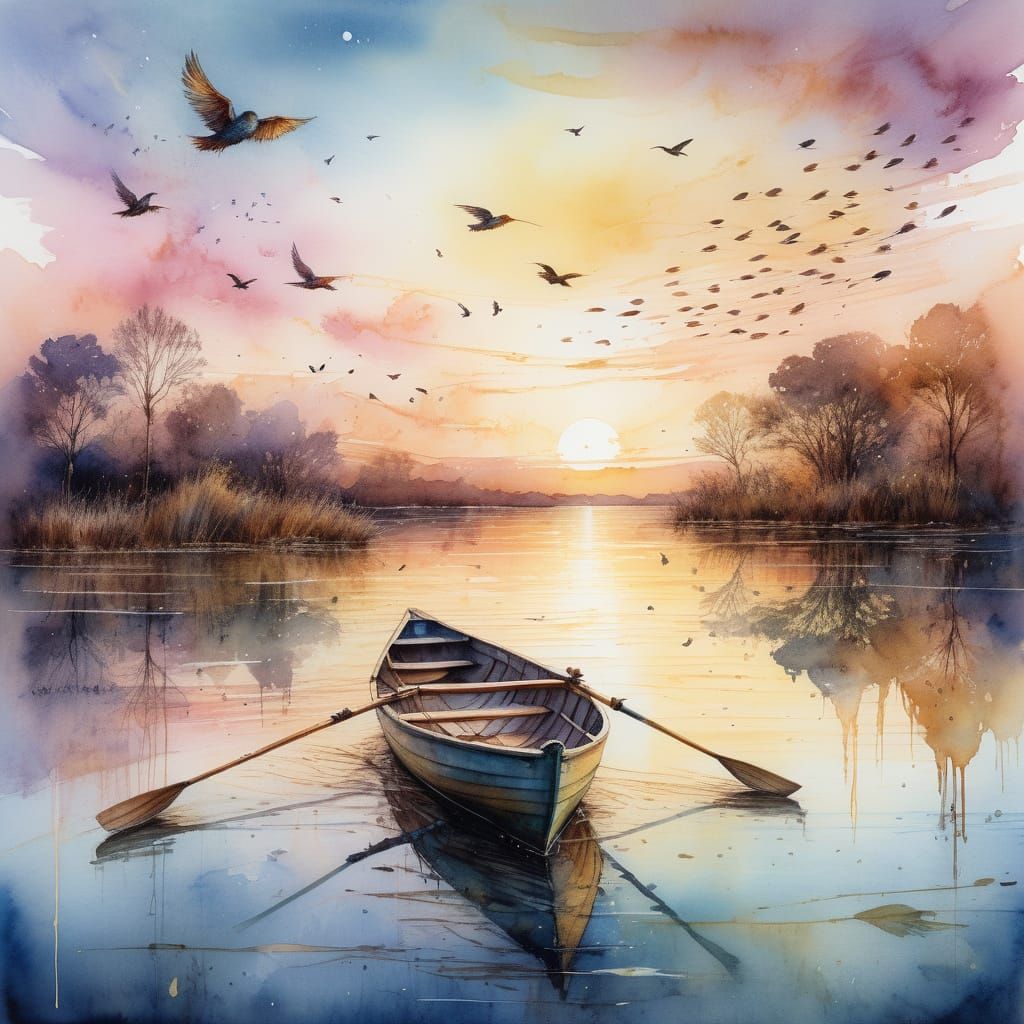 Watercolor painting. A rowing boat on a lake at sunset. There are birds swooping in the sky Whimsical, ...  by @Al_in_Tanzania