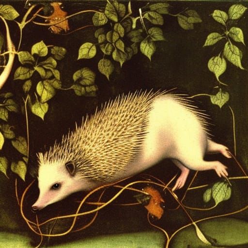 Hedgehog, like a goat, entangled in a vine 
By Hans Holbein,...
