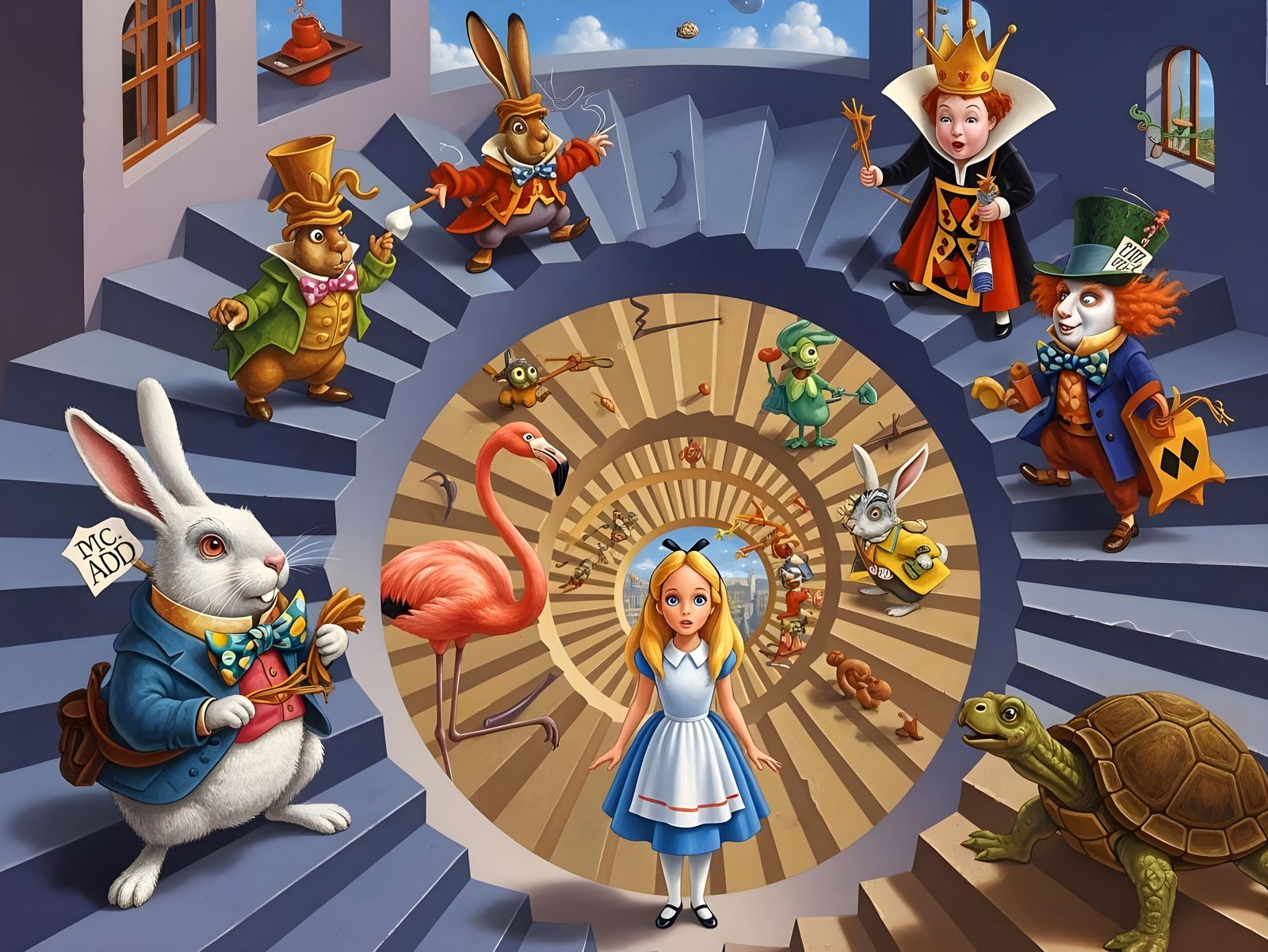 Alice with Vertigo on the Staircase of Infinite Possibilities  by @Gary Murakami