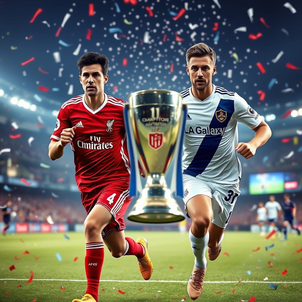 A player wearing a Liverpool shirt and a player wearing a Galaxy shirt go towards the championship cup