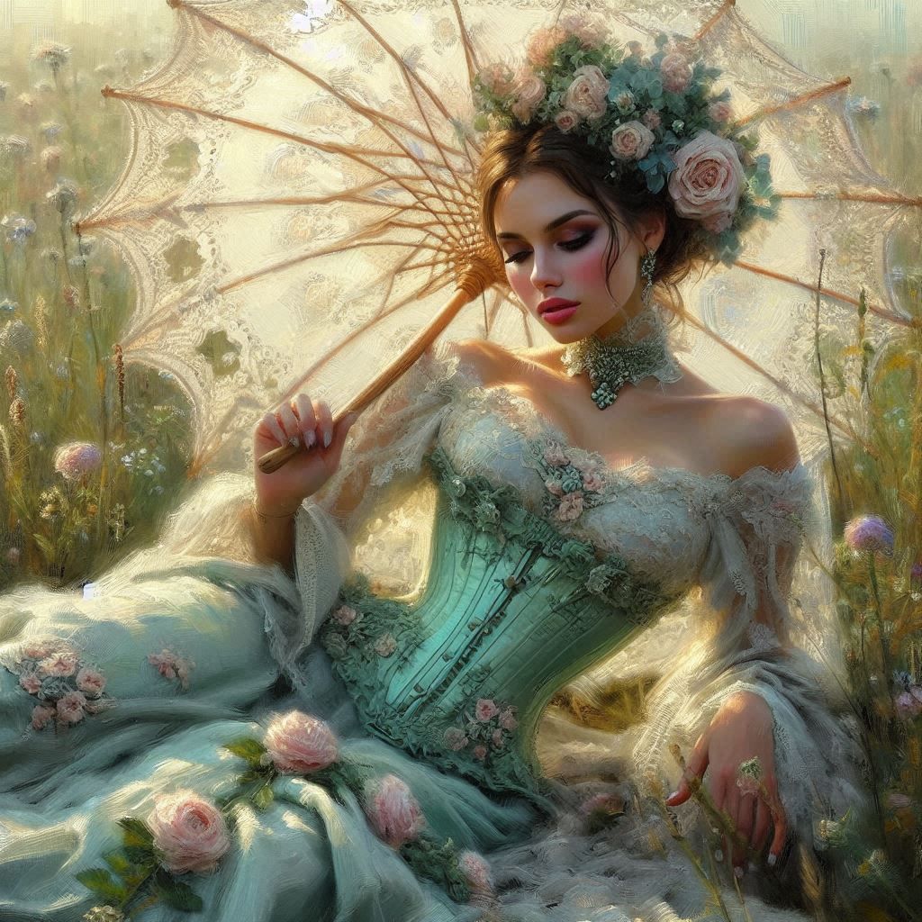 Rose of the Rococo Fields  

A portrait of serene regality, dressed in mint and roses, under a lace parasol.
