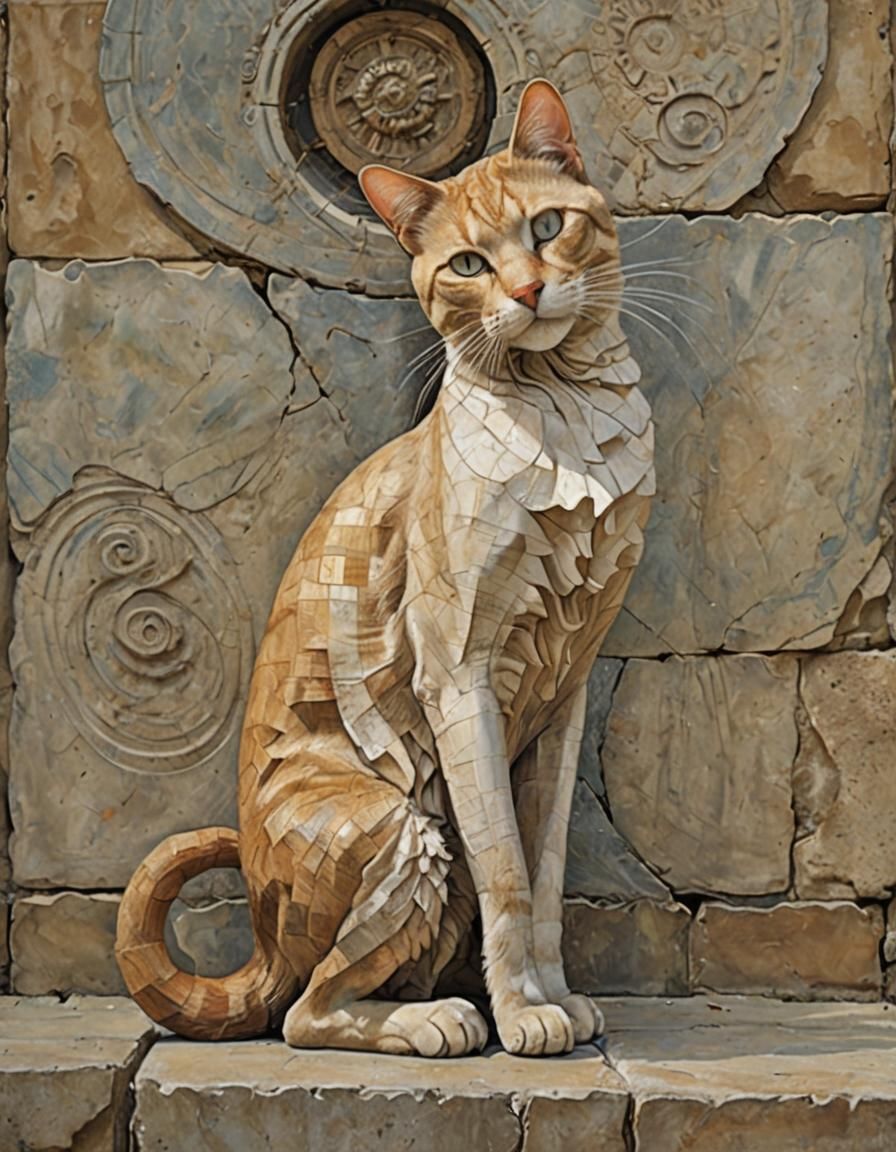 Leonardo's cat, majestic feline form lazing in a sunlit ambiance, with bold decisive lines and facets echoing the Renaissance mastery, blend...