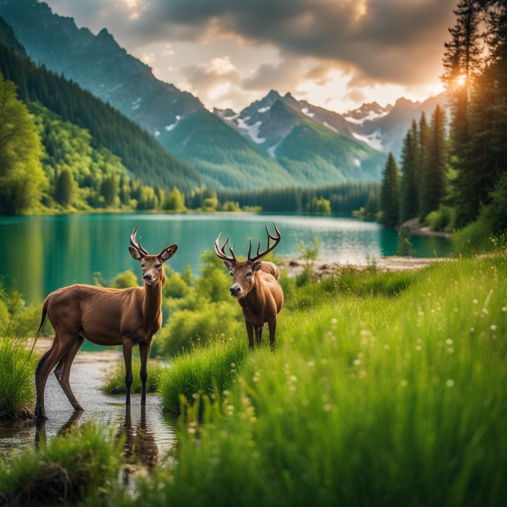 Idyllic Mountain Landscape with Animal Life