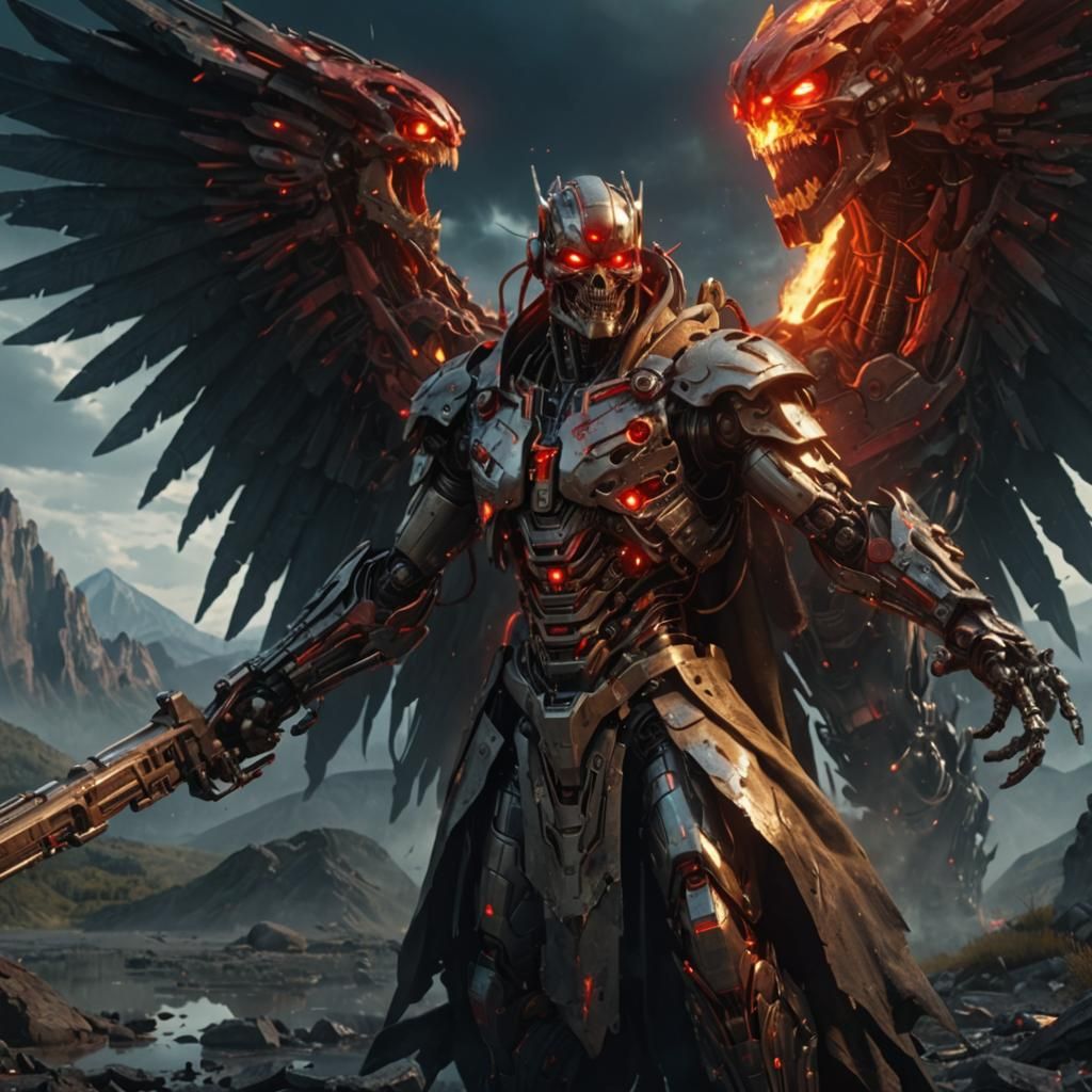 Cybernetic terminator, cyborg, machine warrior, fearsome, ag...