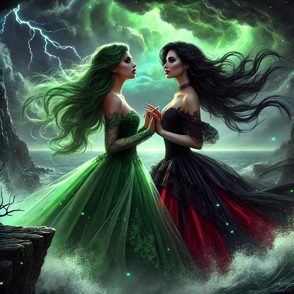 A witch and her lover in a storm