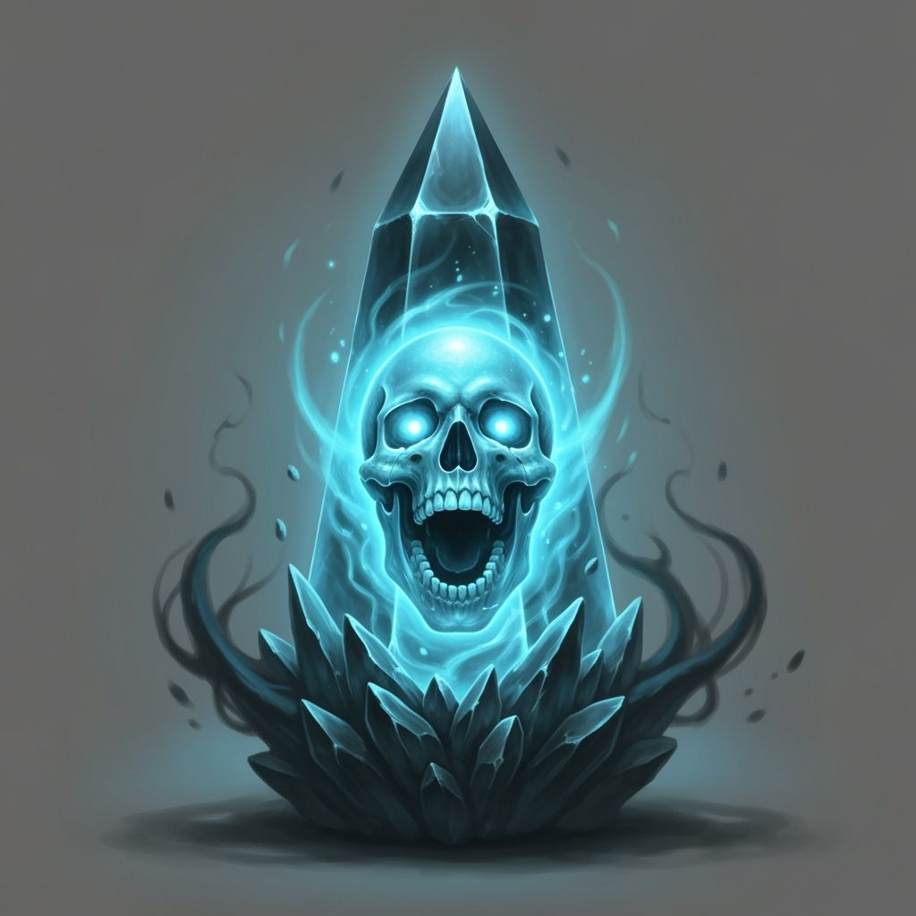 A small, luminous soul crystal encases a spectral skull, glowing with a chilling blue light. The crystal, sharp-edged and tapering to a poin...