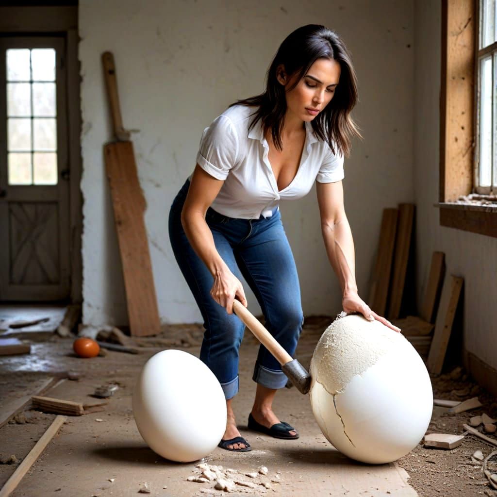 Lady Wields Sledgehammer Against Enormous Egg