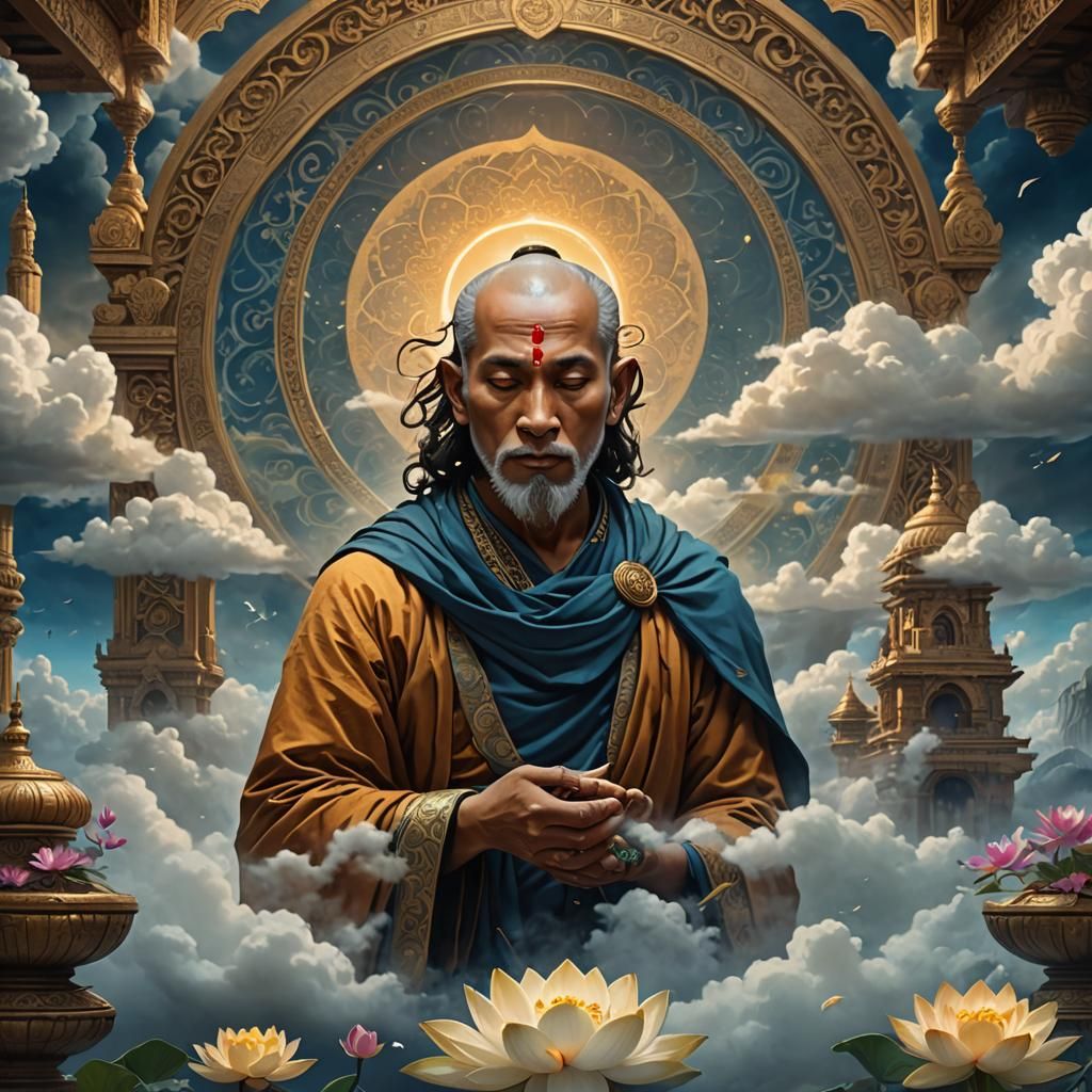 Serene Monk in Mystical Temple: Art Nouveau Digital Painting