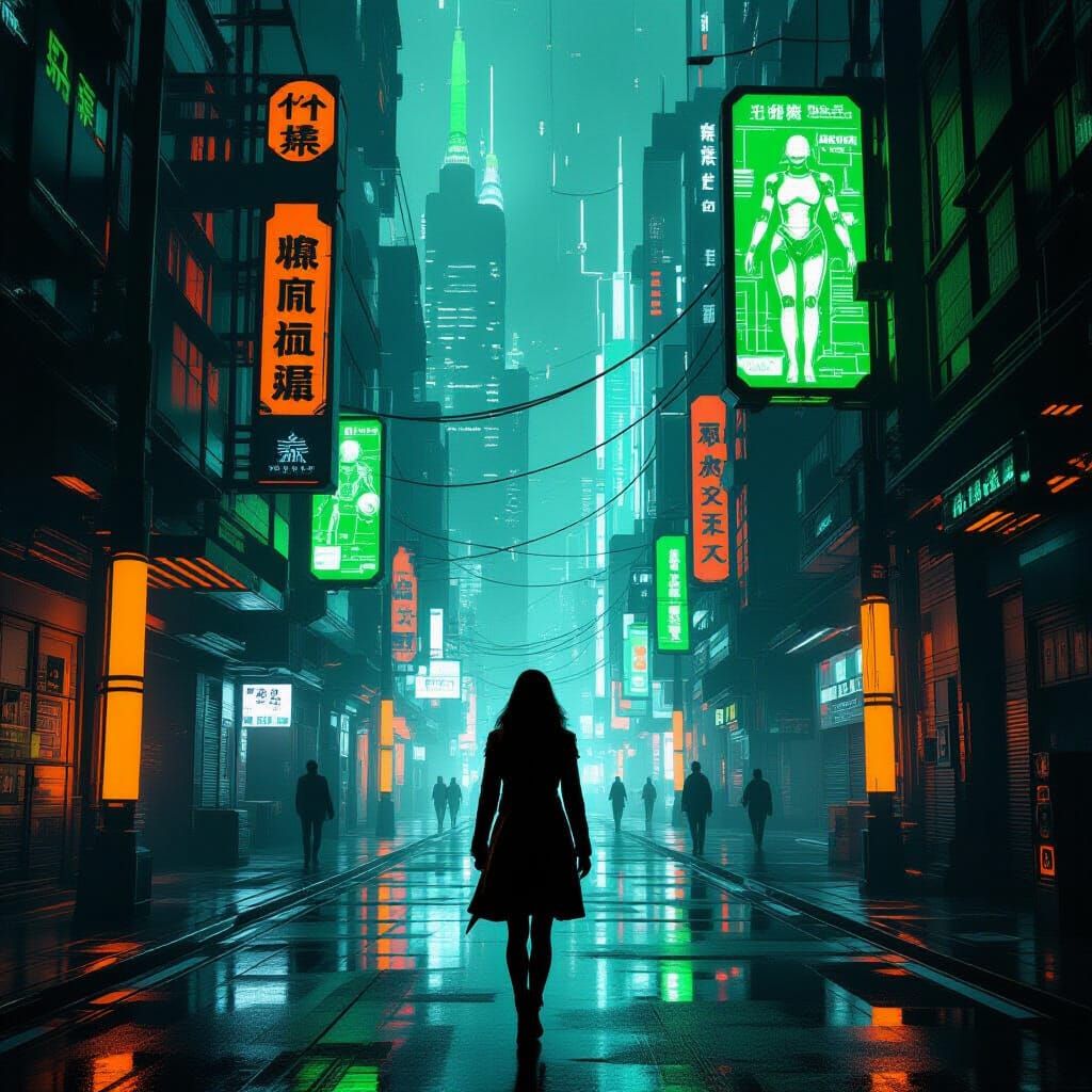 A city that looks like a mix from Cyberpunk and Blade Runner, the whole city is full of green and orange ...  by @bmellow