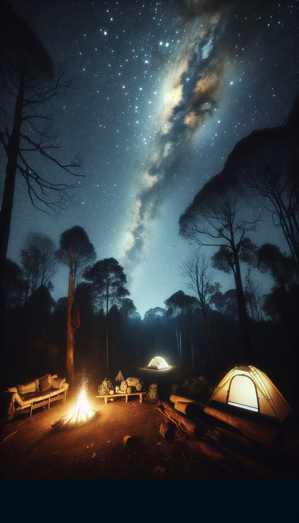 A cozy campsite under a star-studded sky in the wilderness, ...
