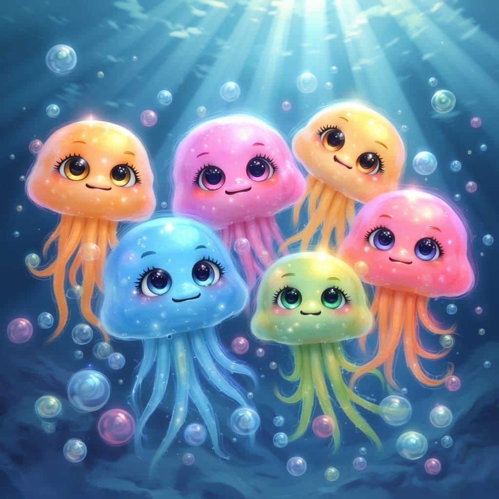  <lora:MJ6 Cuties:1.0> A group of cute cartoon characters made from colorful jellyfish floating in the water, surrounded by bubbles and rain...